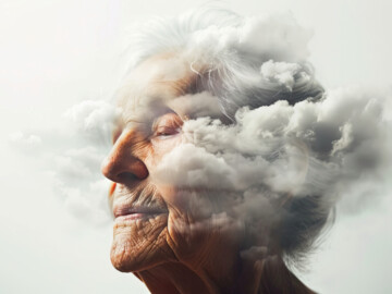Seniorin mit grauem Haar und geschlossenen Augen mit Nebel um den Kopf