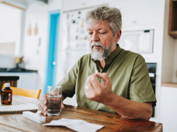 Grauhaariger Mann sitzt am Tisch und hält Tablette in der linken und ein Glas Wasser in der rechten Hand