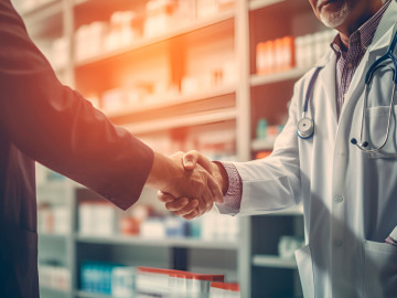 Handschlag zwischen Kunde und Apothekenmitarbeiter 