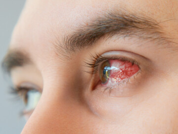 Seitliche Nahaufnahme des Gesichts mit Fokus auf linkes Auge, dass rot geädert ist.