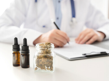 Cannabisblüten im Glas, Hanföl in Pipettenfläschchen und Arzt mit Stift in der Hand verschwommen im Hintergrund