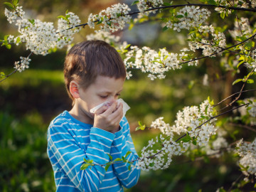 Heuschnupfen im Frühjahr: Kind mit Blüten
