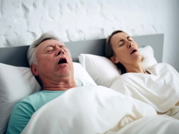 Mann und Frau, beide schlafend und schnarchend, im Bett