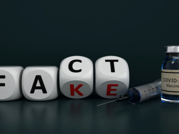 Vier Buchstabenwürfel bilden die Worte Fact und Fake. Daneben liegen eine Spritze und ein Impfstoffvial