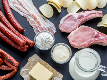 Lebensmittel, die gesättigte Fettsäuren enthalten: z. B. Speck, Sahne, Butter, Wurst, Kartoffelchips