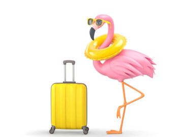 Flamingo auf einem Bein mit gelber Sonnenbrille, gelbem Schwimmring um den Hals und gelbem Koffer neben sich
