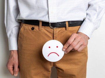unglückliches Gesicht (gezeichnet) vor Schritt einer Hose