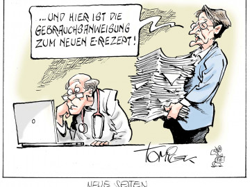 Karikatur zum E-Rezept: Arzt vorm Laptop, Karl Lauterbach mit einem Papierstapel in der Hand