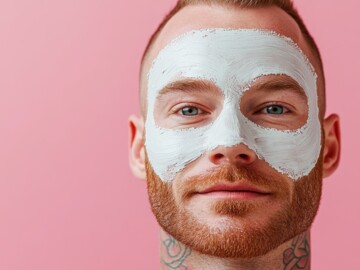 Mann mit rotem Bart und weißer Gesichtsmaske