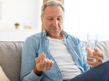 Mann sitzt auf der Couch und hält ein Glas Wasser und eine Tablette in jeweils einer Hand