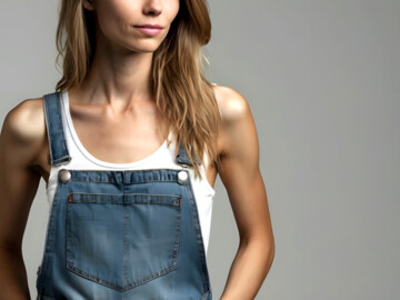 Sehr schlanke junge Frau in Latzhose und Top (im Anschnitt)