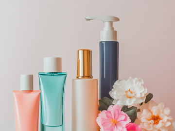 Verschieden Spender für Parfum und Düfte arrangiert mit Blumendeko