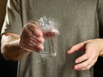 Parkinson-Krankheit: Ein Mann hält mit zitternder Hand ein Glas Wasser. 
