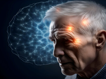 Kopf eines Mannes mit drei markierten Punkten und einem Neuronenetzwerk im Hintergrund