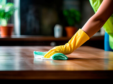 Frau mit gelbem Gummihandschuh wischt Tisch ab