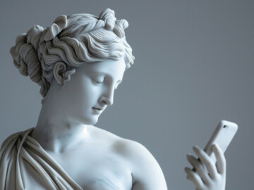 Antike weibliche Skulptur aus Marmor mit Handy in der Hand