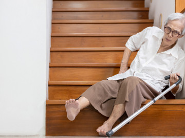 Seniorin mit Gehstock ist auf einer Treppe gestürzt