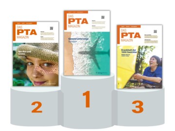 Drei Titelbilder von DAS PTA MAGAZIN auf dem Siegertreppchen