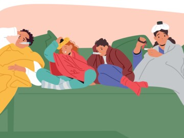 Illustration: Vier Personen mit Erkältung auf dem Sofa