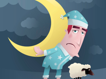 Illustration: Mann im Schlafanzug mit Mond auf dem Rücken, daneben Schaf