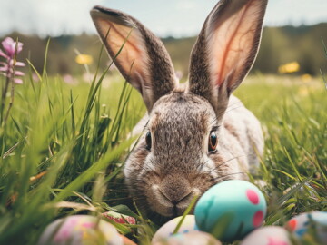 Osterhase mit bunten Eiern im Gras