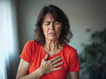 KI-Bild: Frau fasst sich an die Brust.
